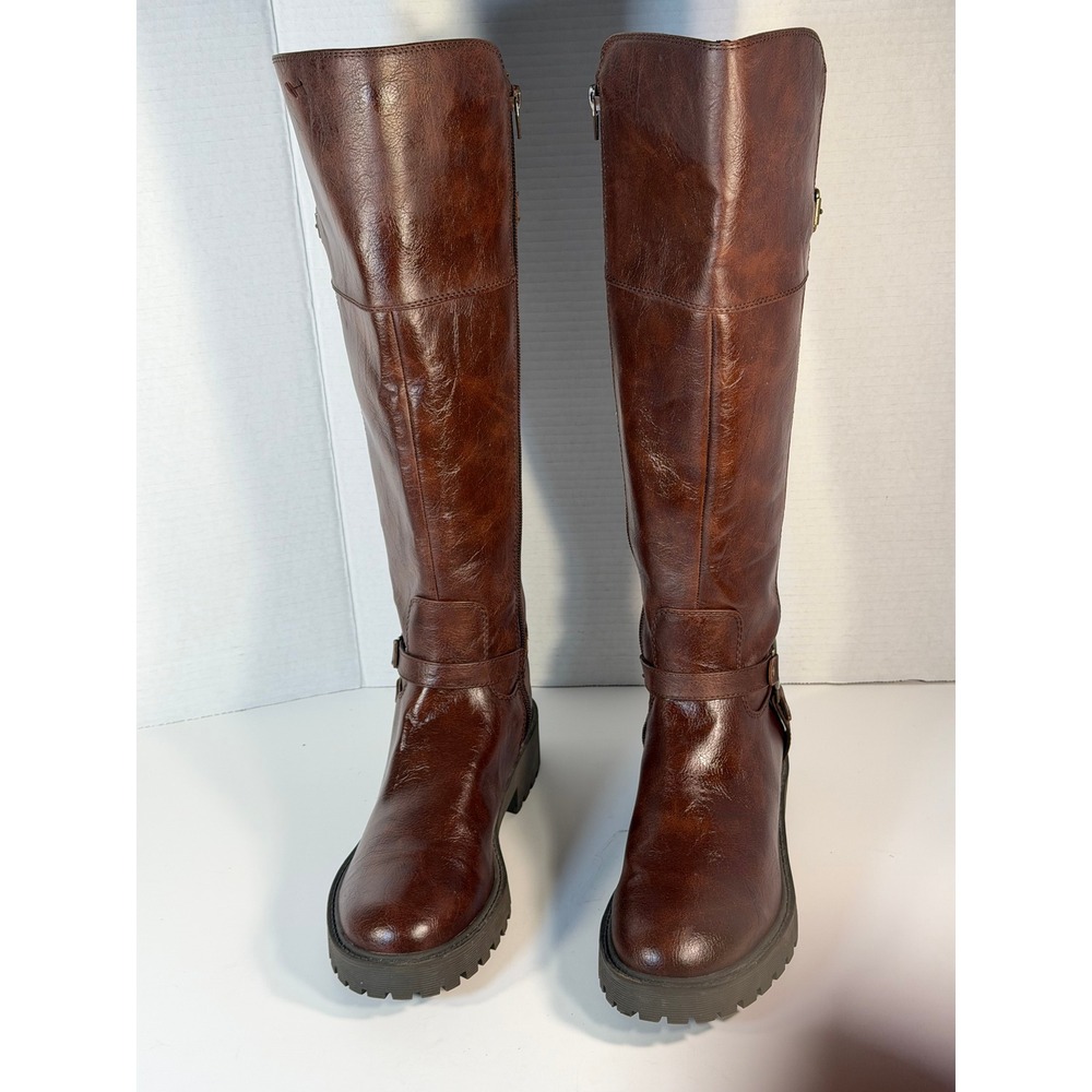 G by GUESS Sinora Brown Faux Leather Tall Lug Sole Riding Boots Womens 9M